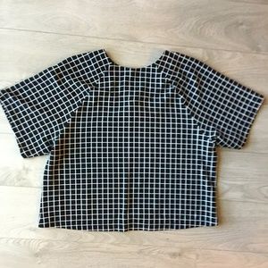 Bobeau Boxy Crop Top BW Grid Print Blouse